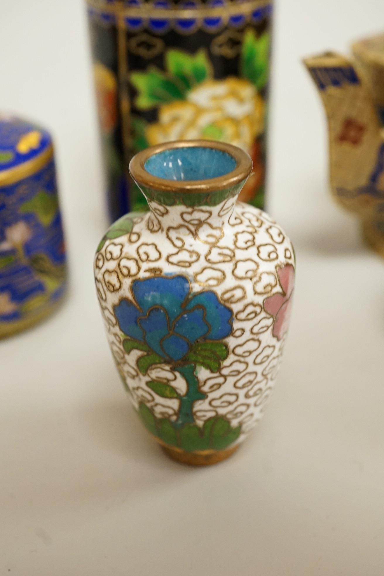A collection of miniature enamel and cloisonné boxes, eggs and a painted rabbit, etc. (11)
